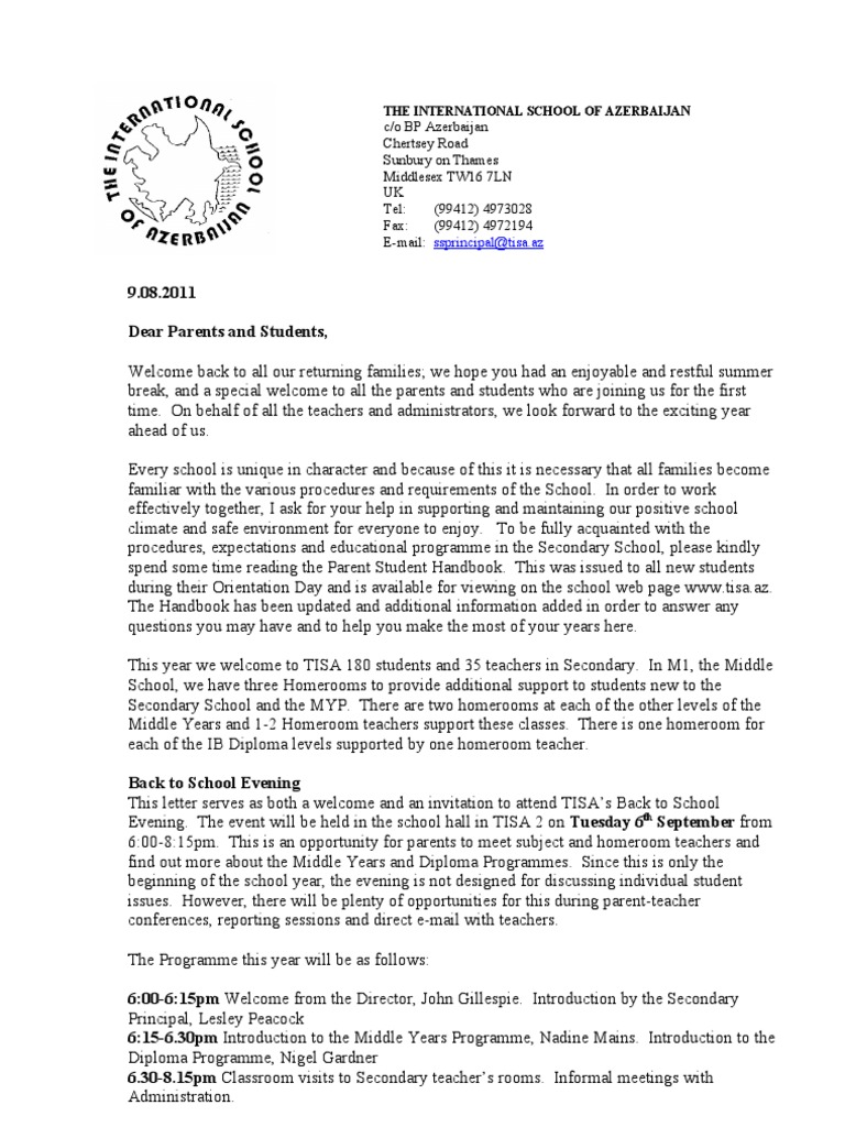 Beginning of The Year Parent Letter 201112 PDF Homework Schools