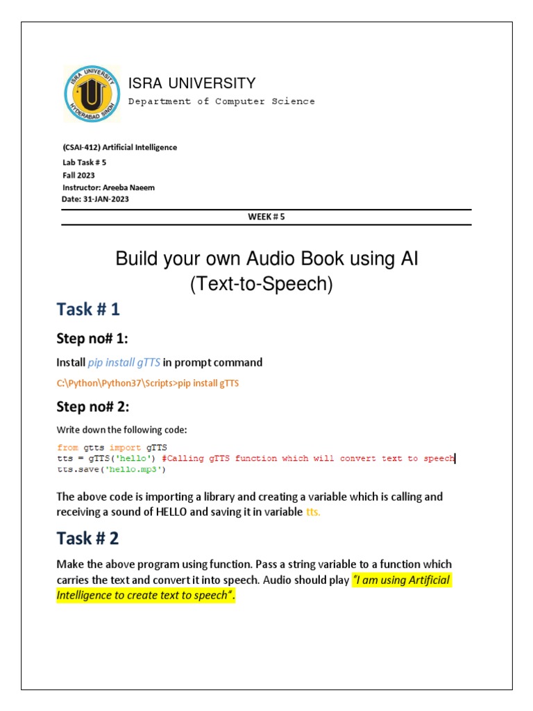 Lab Task # 5 Speech To Text AI | PDF