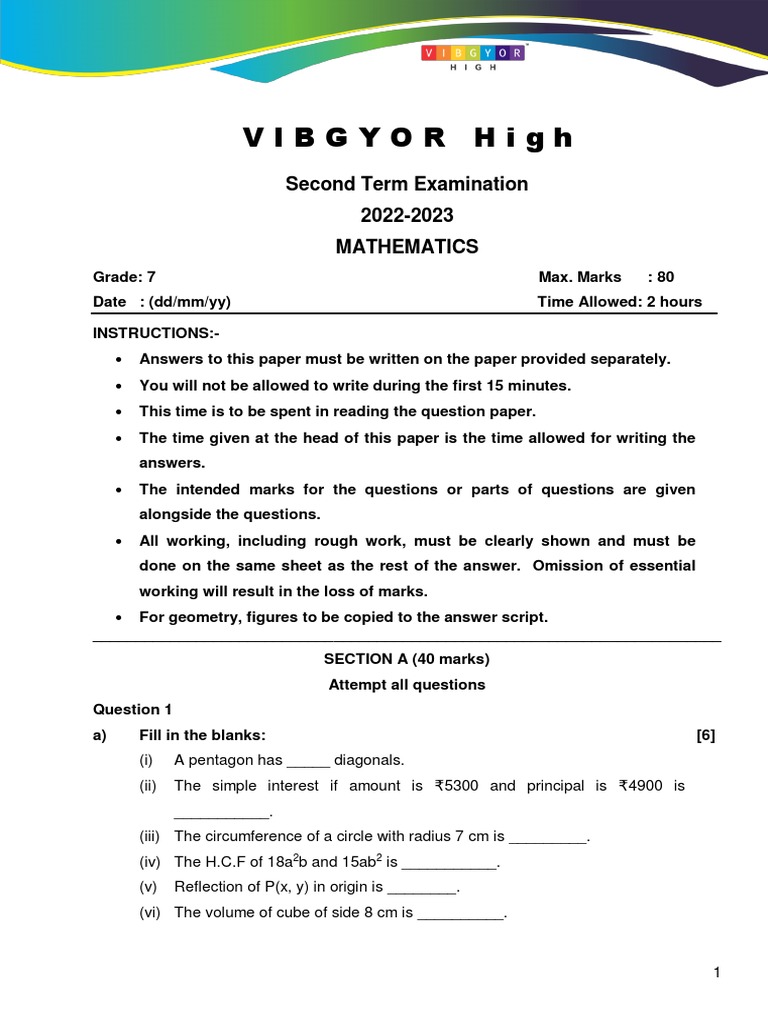 Grade 7 Maths Second Term Exam 2023 Pdf Area Rectangle