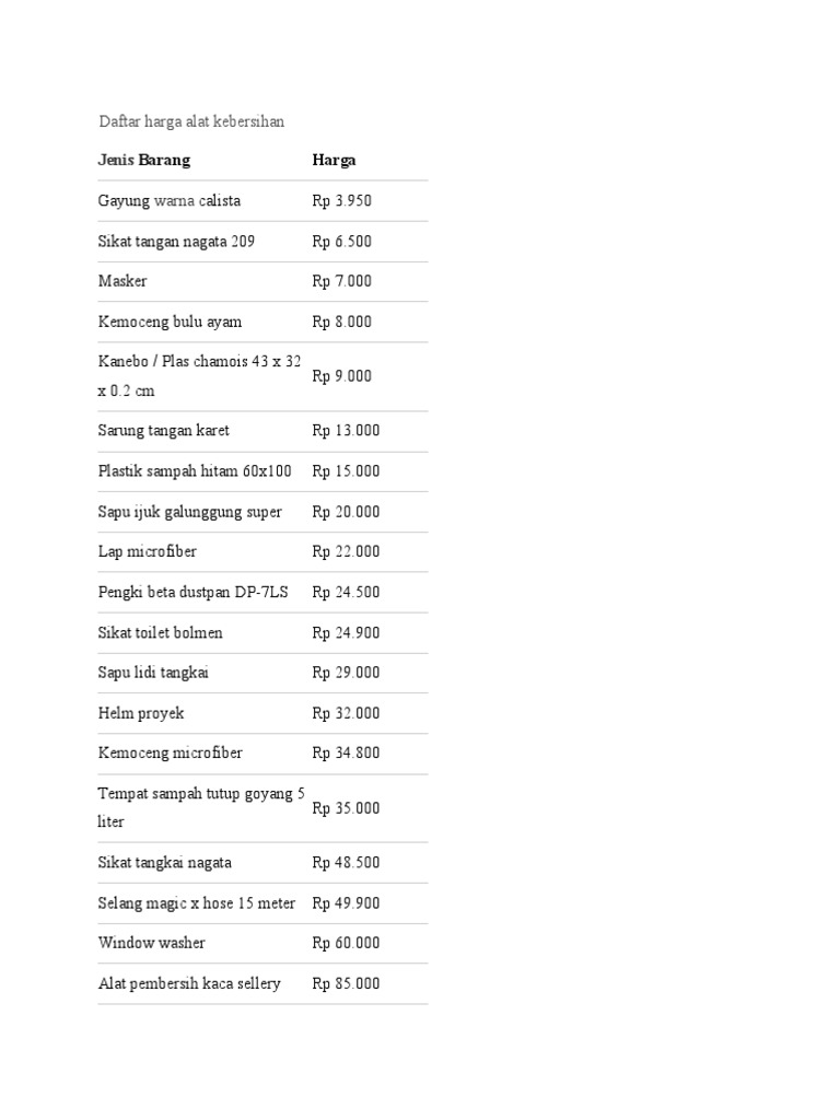 Daftar Harga Alat Kebersihan | PDF