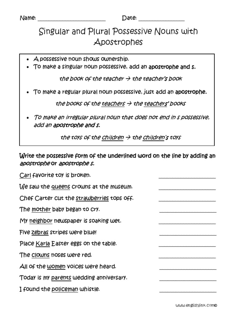 Singular Plural Possessive Nouns With Apostrohes PDF Plural Cognitive Science
