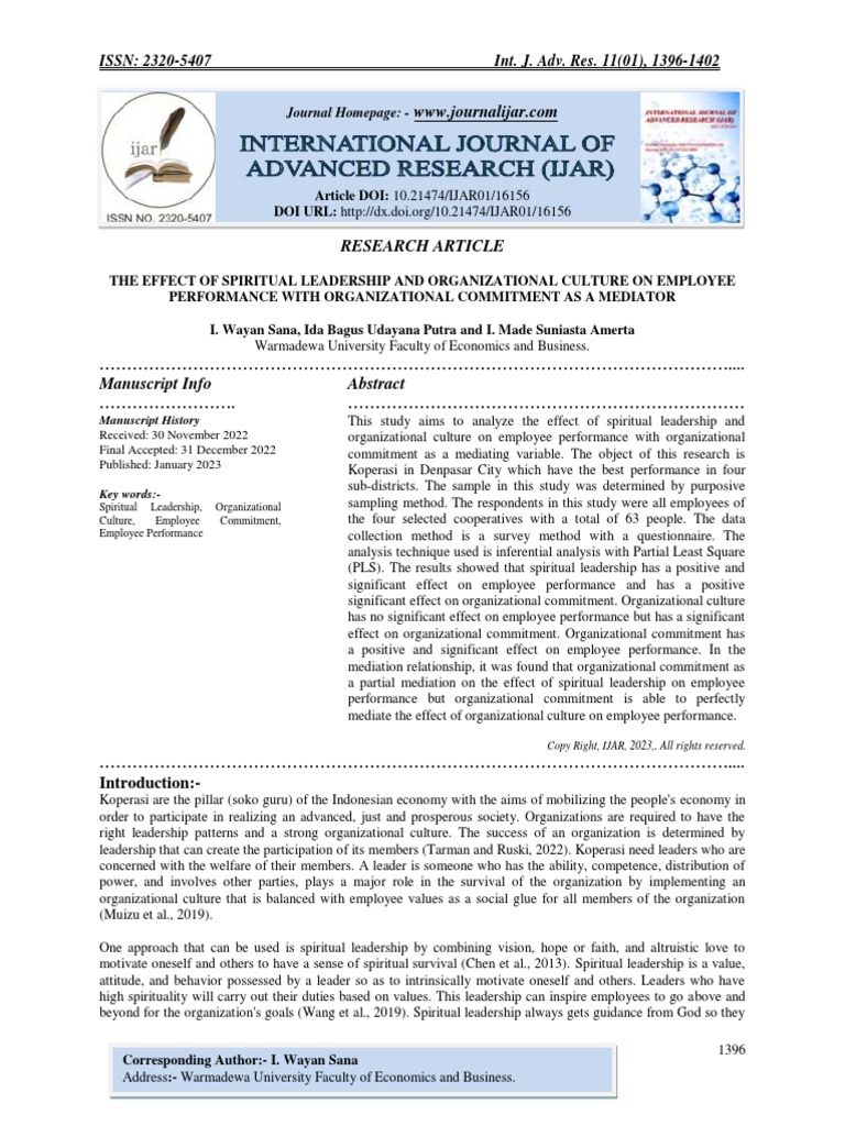 The Effect Of Spiritual Leadership And Organizational Culture On