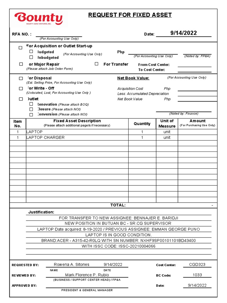 Rfa For Transfer - Laptop - Sr. CG Supervisor of Butuan BC - Bennajer E ...