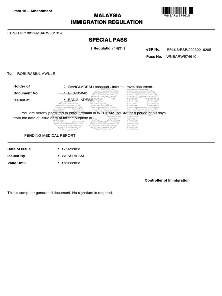 Malaysia Special Pass for Bangladesh Passport | PDF