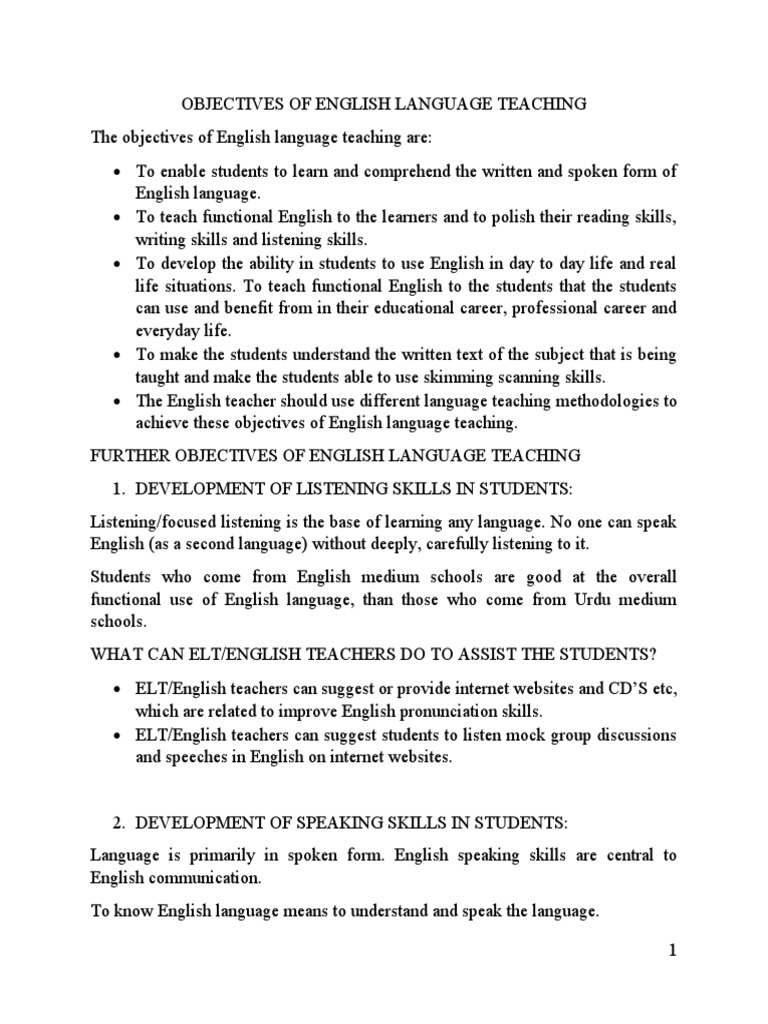Objectives of English Language Teaching | PDF
