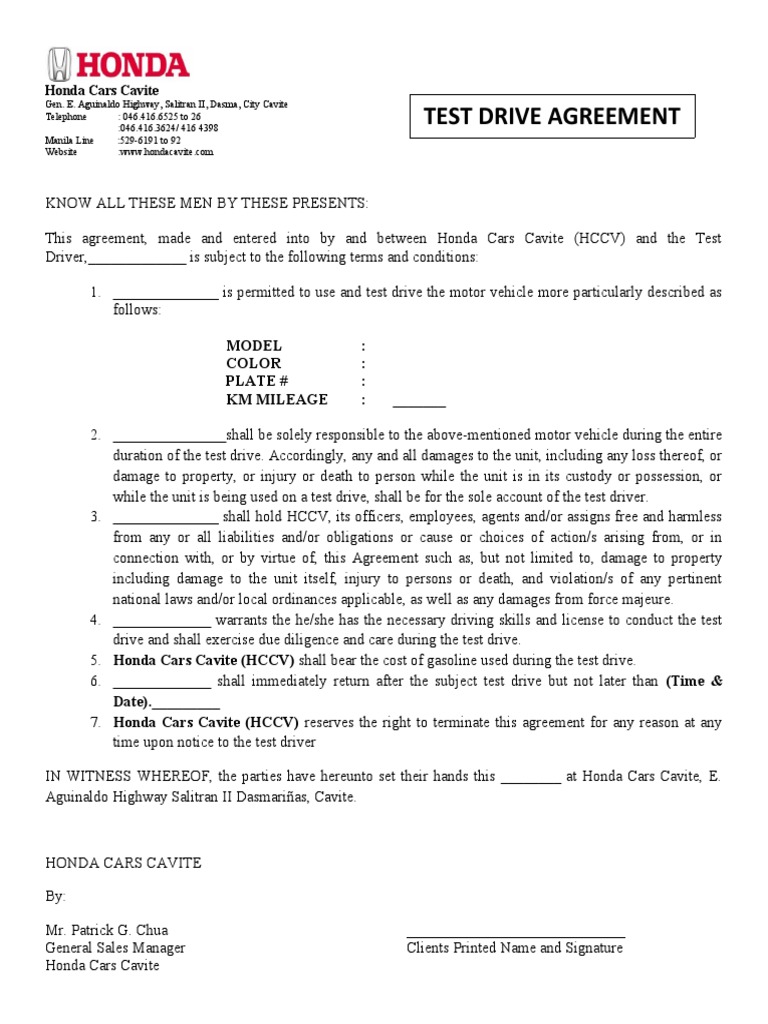 Test Drive Agreement: Model: Color: Plate #: KM Mileage | PDF | Transport | Private Law