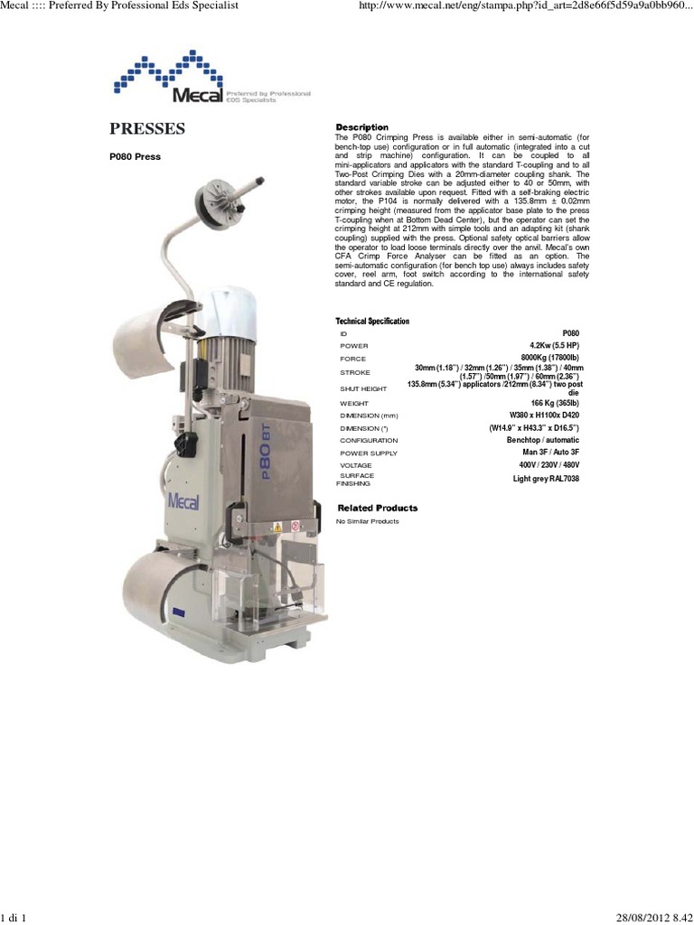 Presses: P080 Press | PDF | Electricity | Equipment