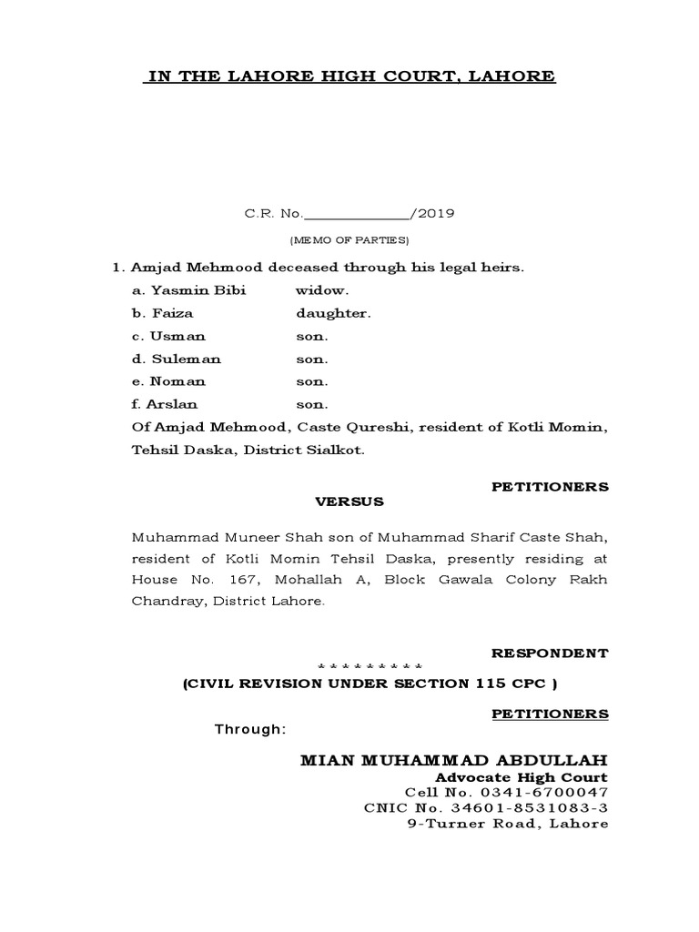 Lahore Civil Revision Case 2019 Summary | PDF | Lawsuit | Judgment (Law)