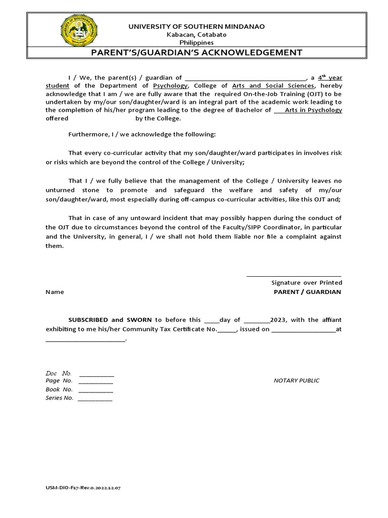 USM DIO F17 Rev.0.2022.12.07 Rev0 Parents Guardians Acknowledgment | PDF
