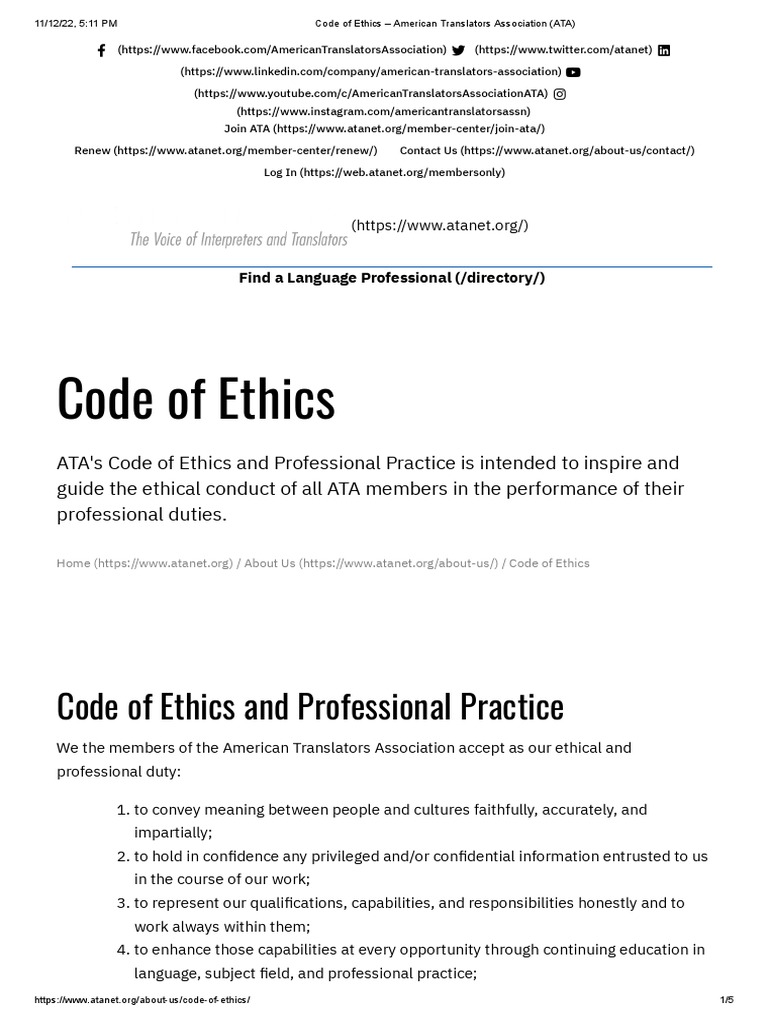 Code of Ethics - American Translators Association (ATA) | PDF | Applied ...