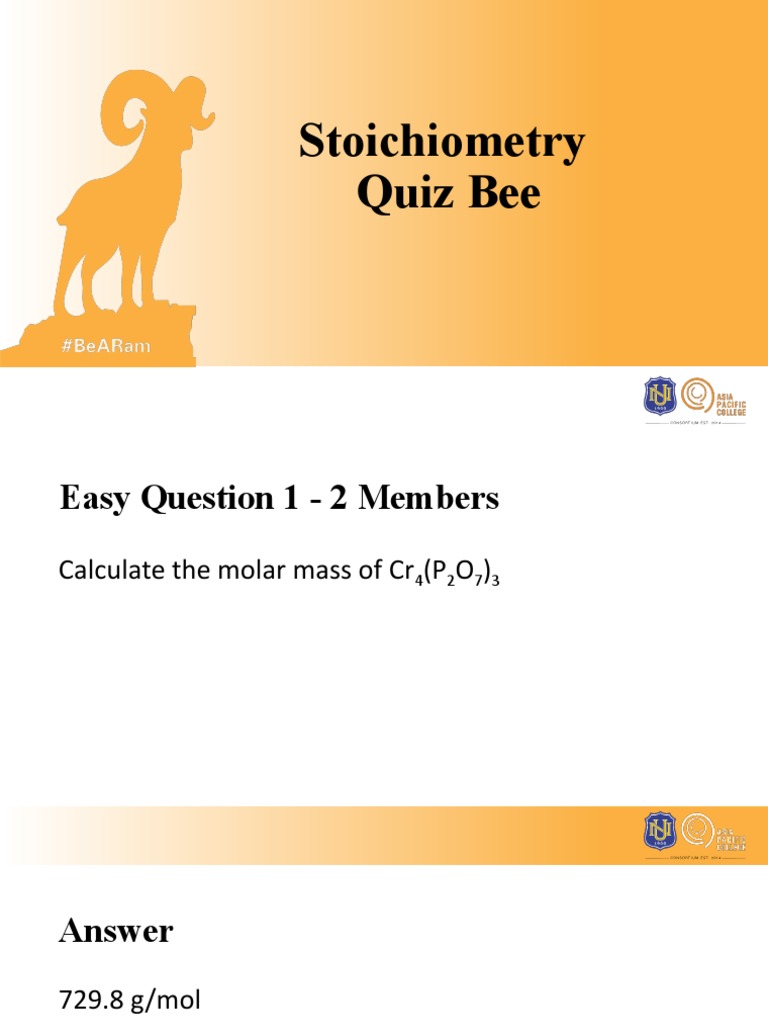 Quiz Bee 1 PDF Mole (Unit) Chemical Reactions