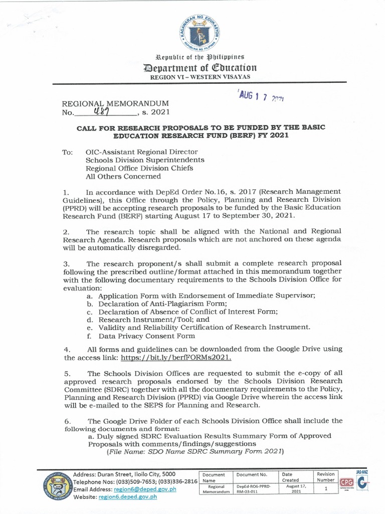 RM No. 489 S. 2021 Call For Research Proposals To Be Funded by The