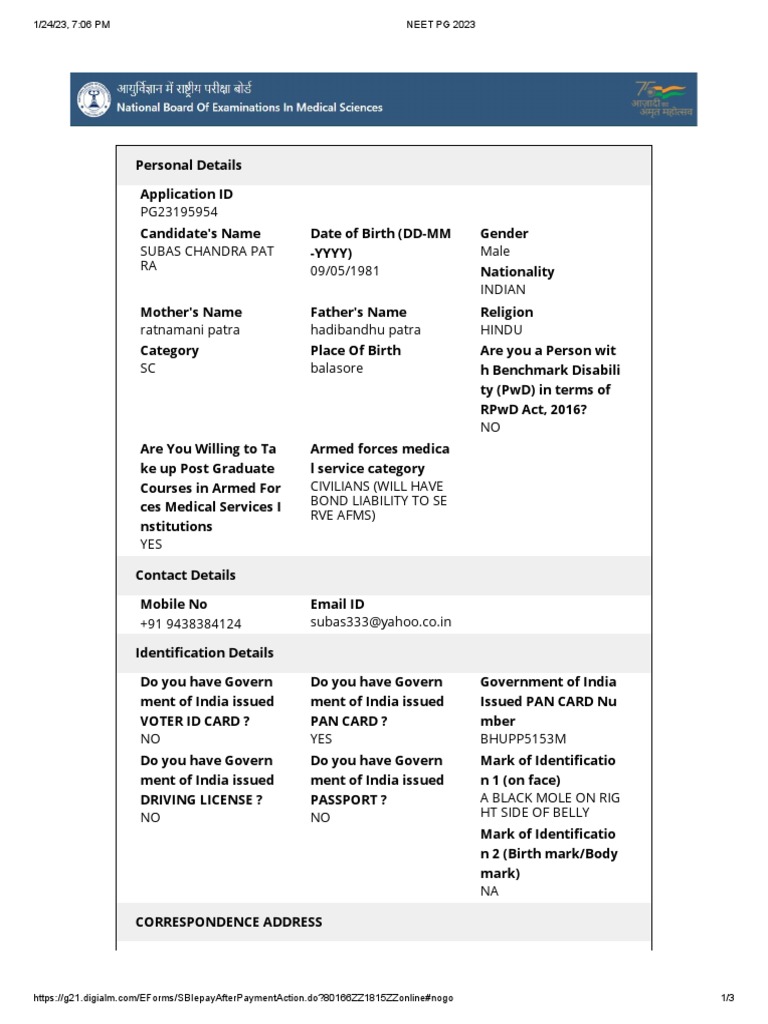 NEET PG 2023 Application Details | PDF | Identity Document | Medical ...