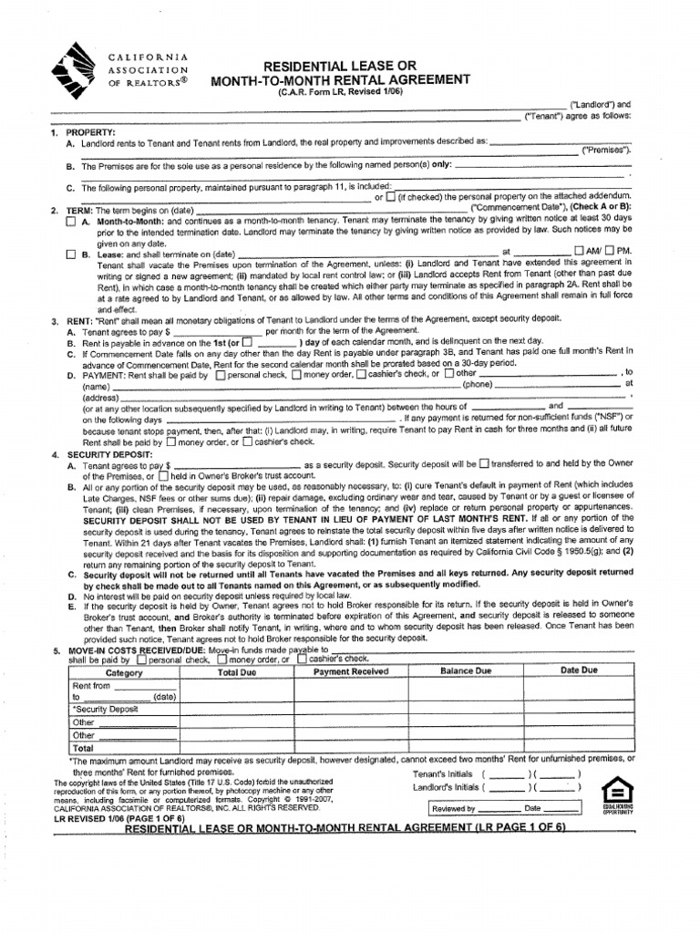 C A R +Form+Lr+Residential+Lease+or+Month+to+Month+Rental+Agreement0 | PDF