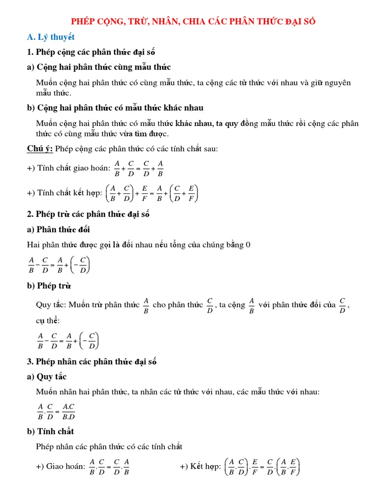 Tat Tan Tat Ve Phep Cong Tru Nhan Chia Cac Phan Thuc Dai So Co Dap An | PDF