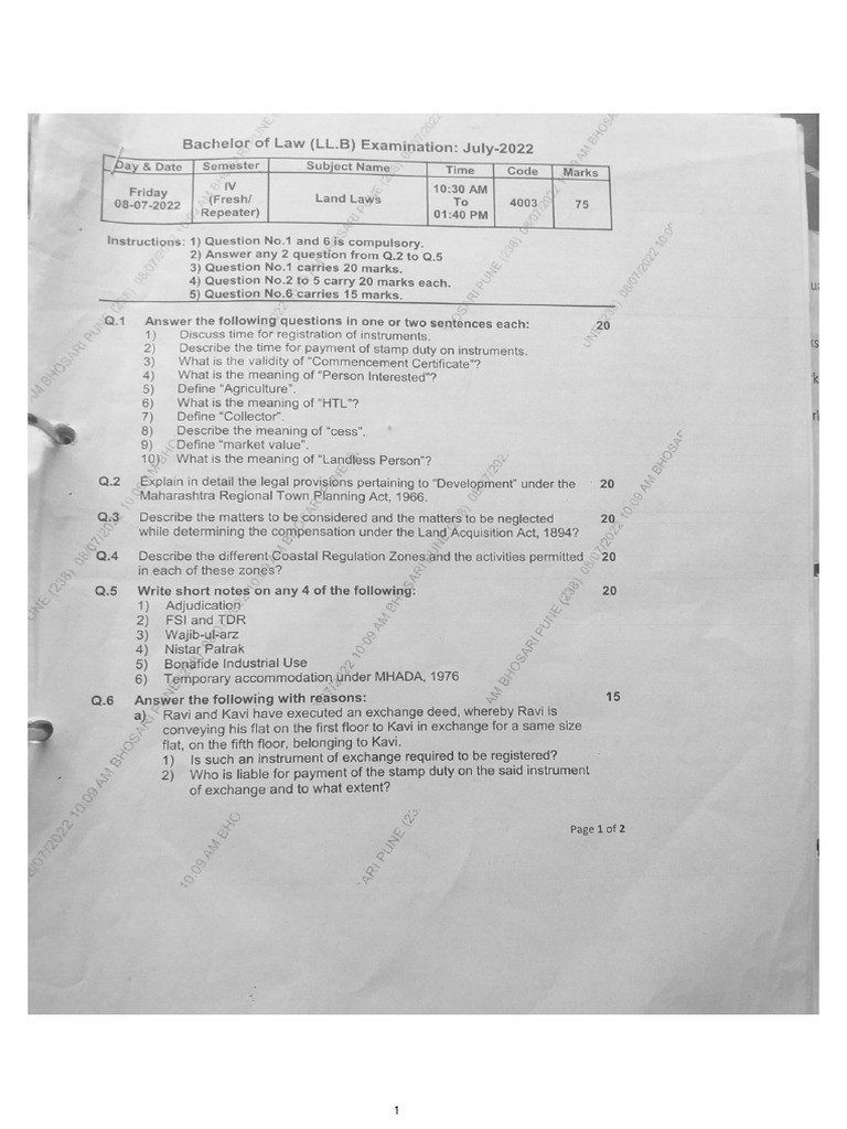 Land Law Question Paper PDF