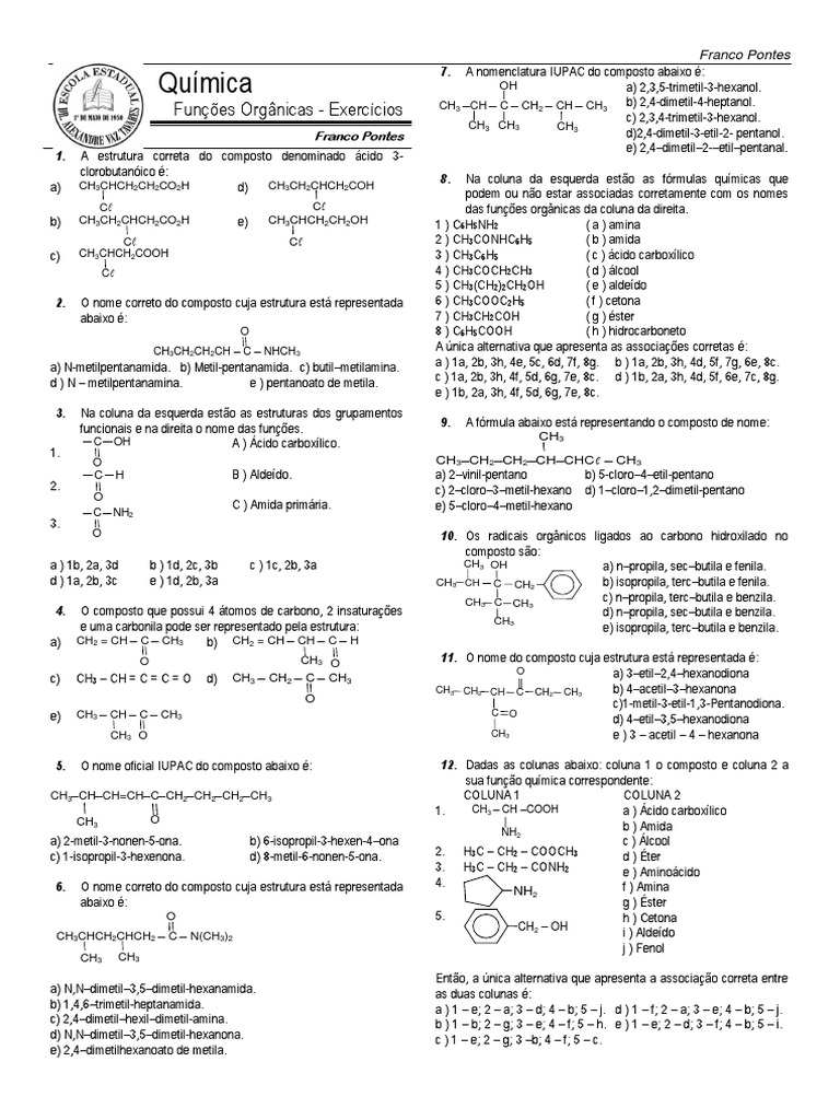 Exercícios sobre Funções Orgânicas | PDF