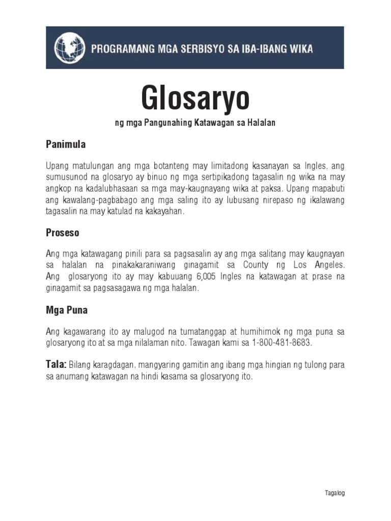 Tagalog Filipino Translation Glossary | PDF