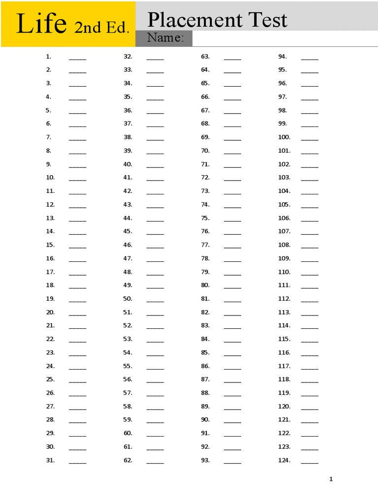 Life 2e Placement Test Full Answer Sheet | PDF
