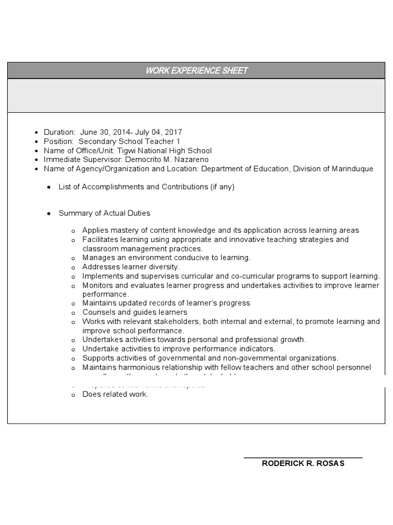 rosAS WORK EXPERIENCE SHEET | PDF | Learning | Teachers
