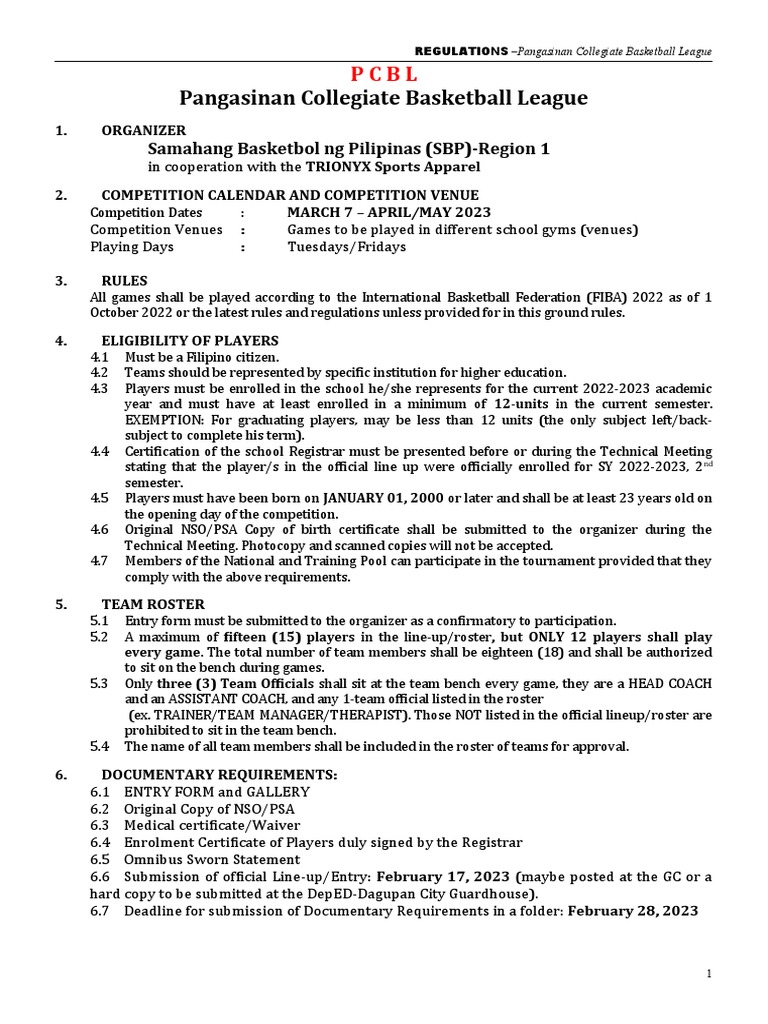Pangasinan Basketball League Regulations | PDF | Rules | Ball Games