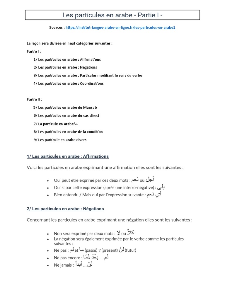 Les particules en arabe : Partie I | PDF | Verbe | Linguistique