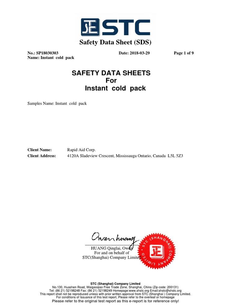SDS Instant Cold Pack K2104084 K214000084 RA 032918 PDF