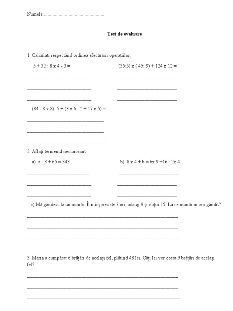 Test Evaluare Matematica Clasa A III A | PDF