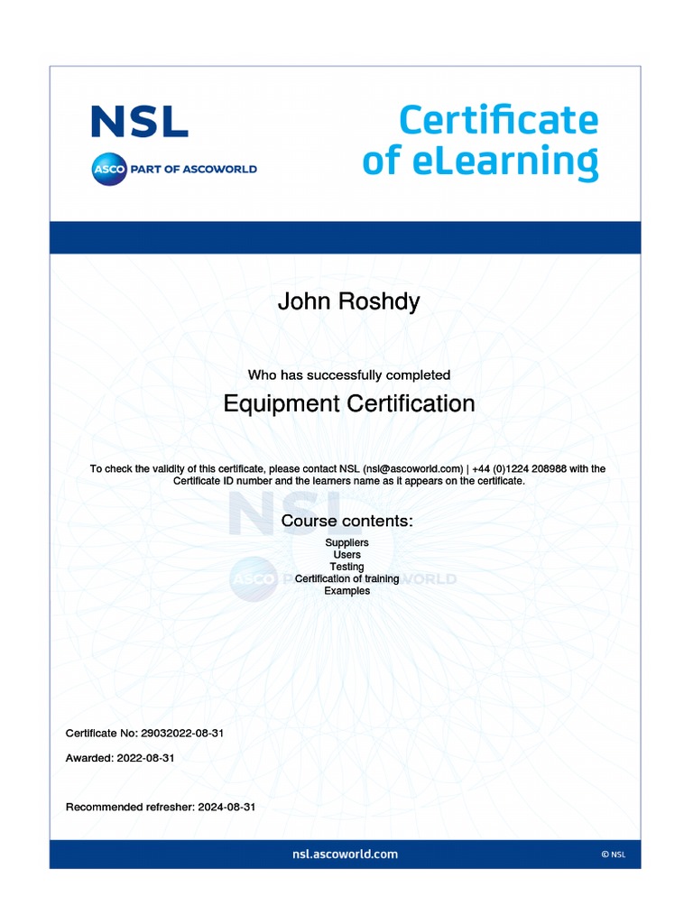 John Roshdy's Certification in Equipment Testing and Certification