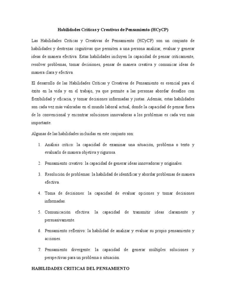 Habilidades Críticas y Creativas de Pensamiento | PDF | Pensamiento ...