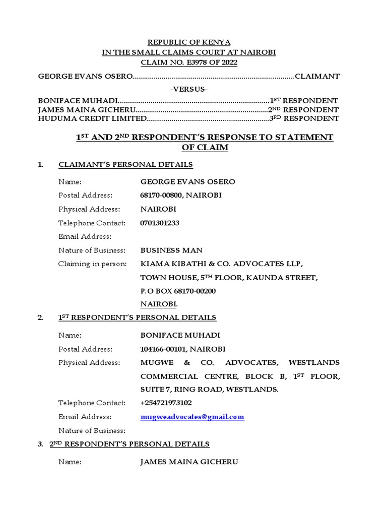 Response To Statement of Claim-Nairobi SCCC E3978 of 2022 | Download ...