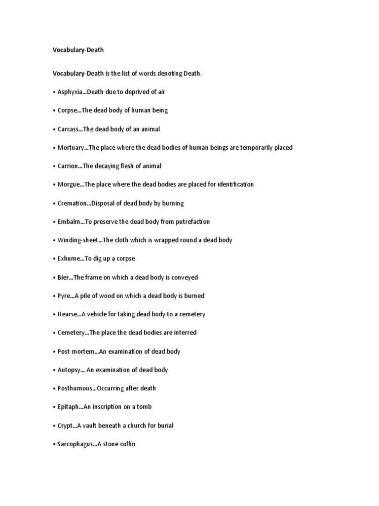 Death Vocabulary PDF Burial Funeral