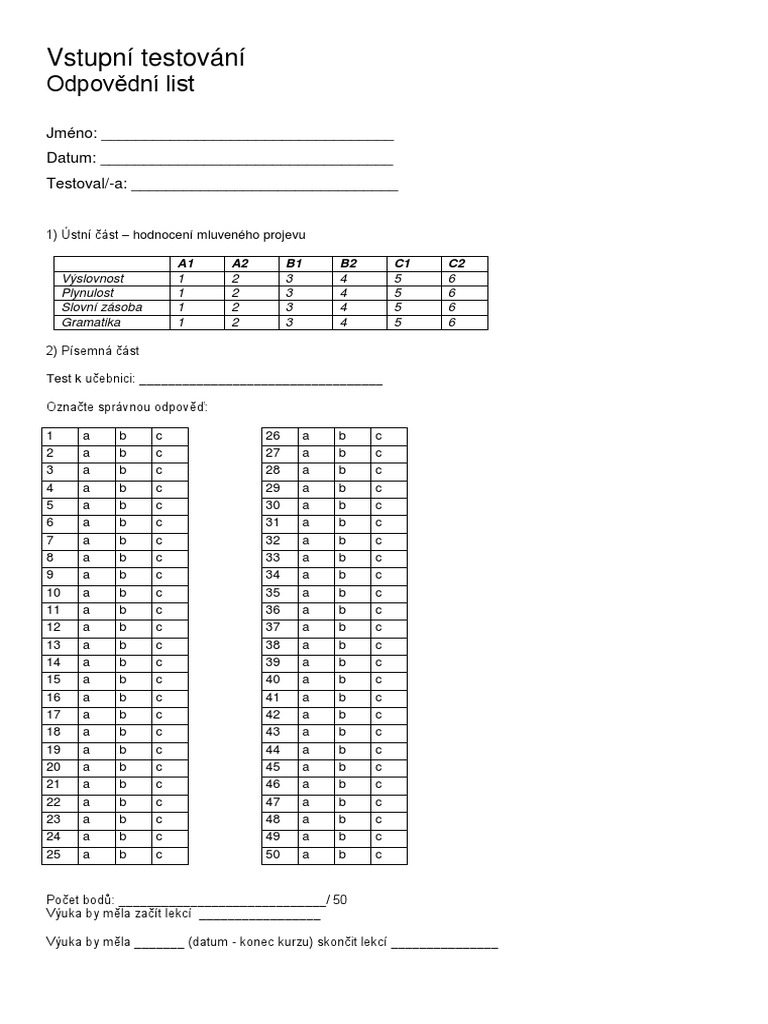 Ncsbs Tsfs Odpovedni List Vstupni Testy | PDF