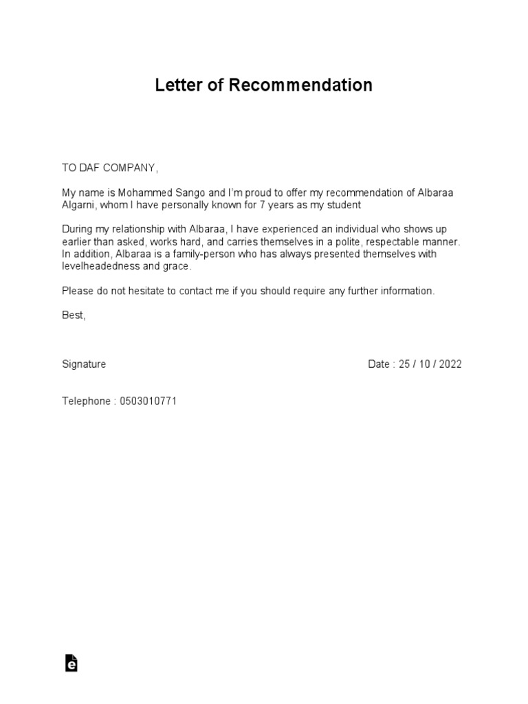 Standard letter of recommendation for employment pdf