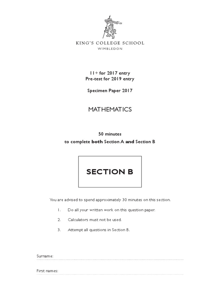 Kings college school 11 plus maths section b and pre test 2019 sample