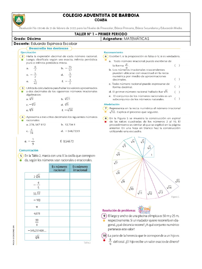 Taller de Matemáticas Grado Décimo COABA | PDF