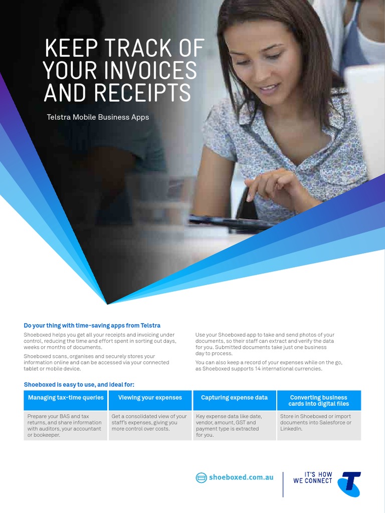 Telstra Business Apps Shoeboxed Brochure | PDF | Receipt | Bookkeeping