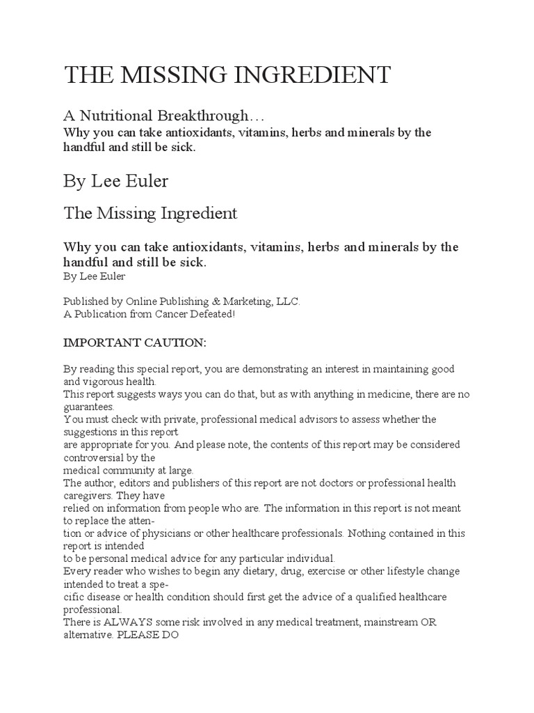 The Missing Ingredient | PDF | Cancer | Vitamin