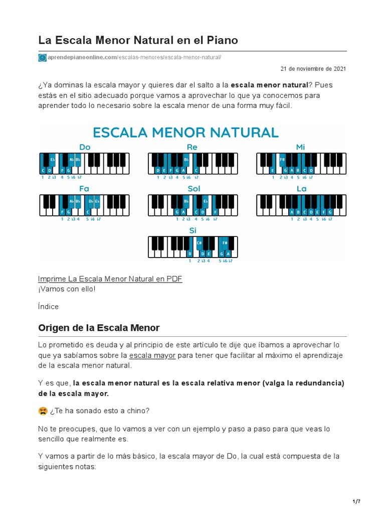 La Escala Menor Natural En El Piano Pdf Escala Música