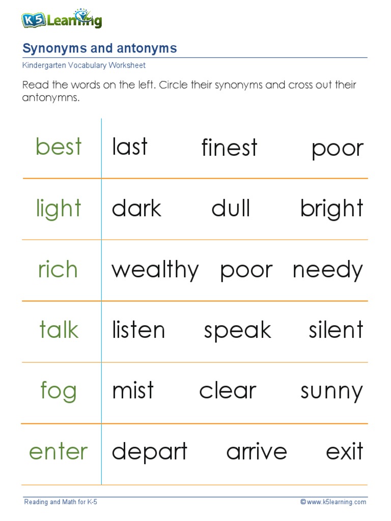 Kindergarten Synonyms Antonyms Circle Cross Words 2 PDF