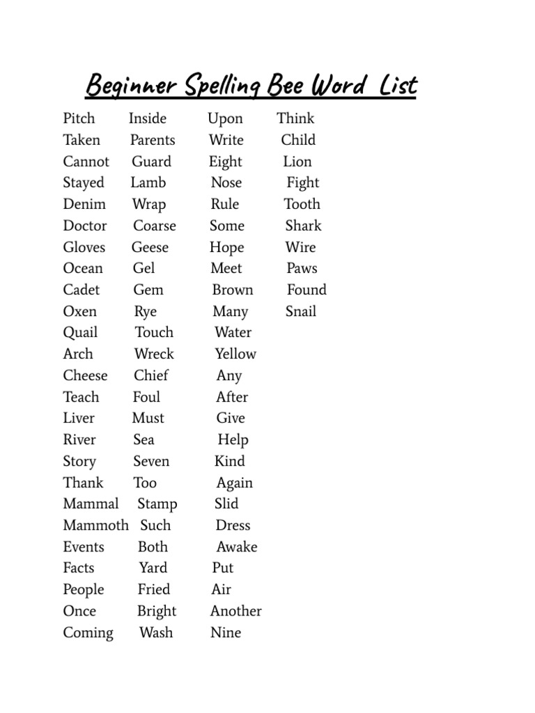 Beginner Spelling Bee Word List PDF