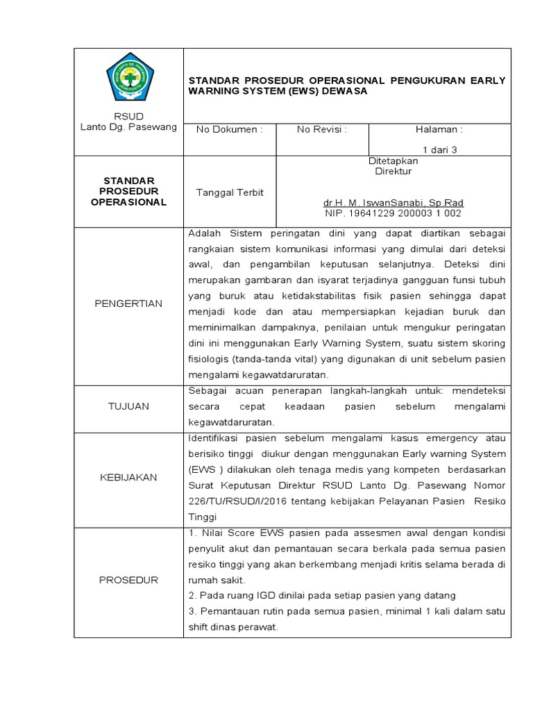 Sop Early Warning System (Ews ) Rsud Lp Jeneponto PDF