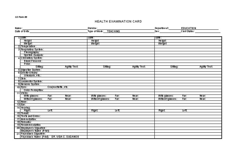 Health Examination Card Template | PDF