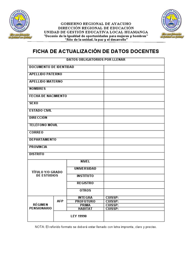 Ficha de actualizacion de datos docente pdf