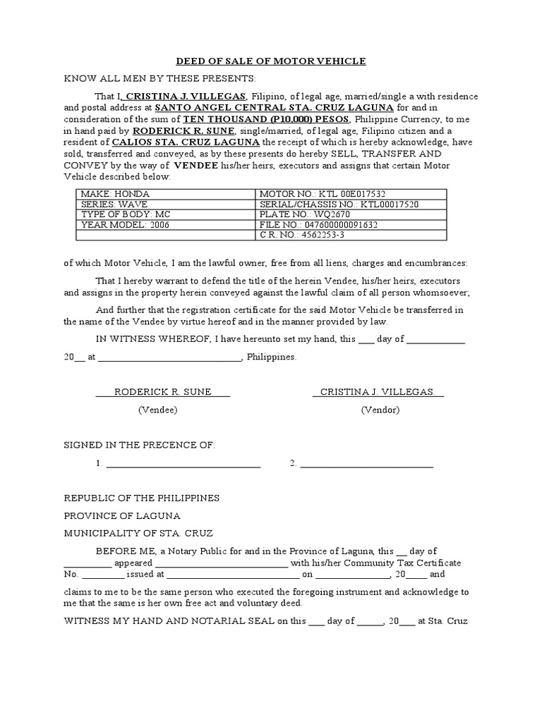 Motor Vehicle Deed of Sale Template | PDF | Law