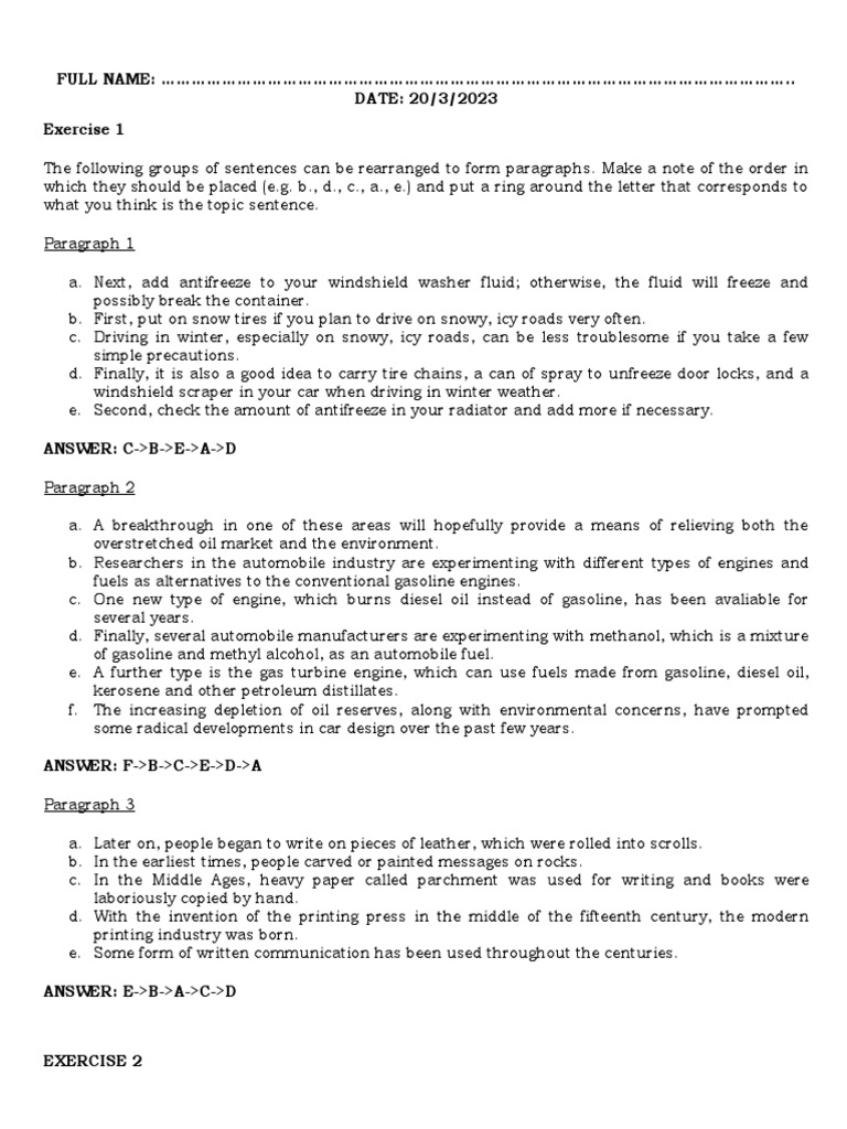 Exercise On TOPIC SENTENCE (20 Tháng 2 Năm 2023) PDF Methanol