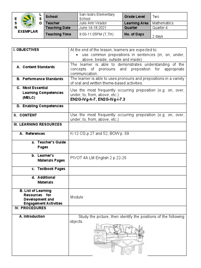 Lesson Exemplar ENG 2 Q4 W5 W6 | PDF | Preposition And Postposition ...