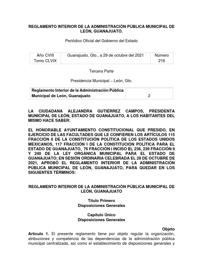 Reglamento Interior de La Administracion Publica Municipal de Leon Guanajuato (Nov 2021) Vigente