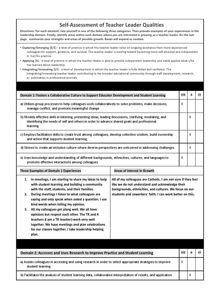 SelfAssessment of Teacher Leader Qualities PDF Mentorship Leadership