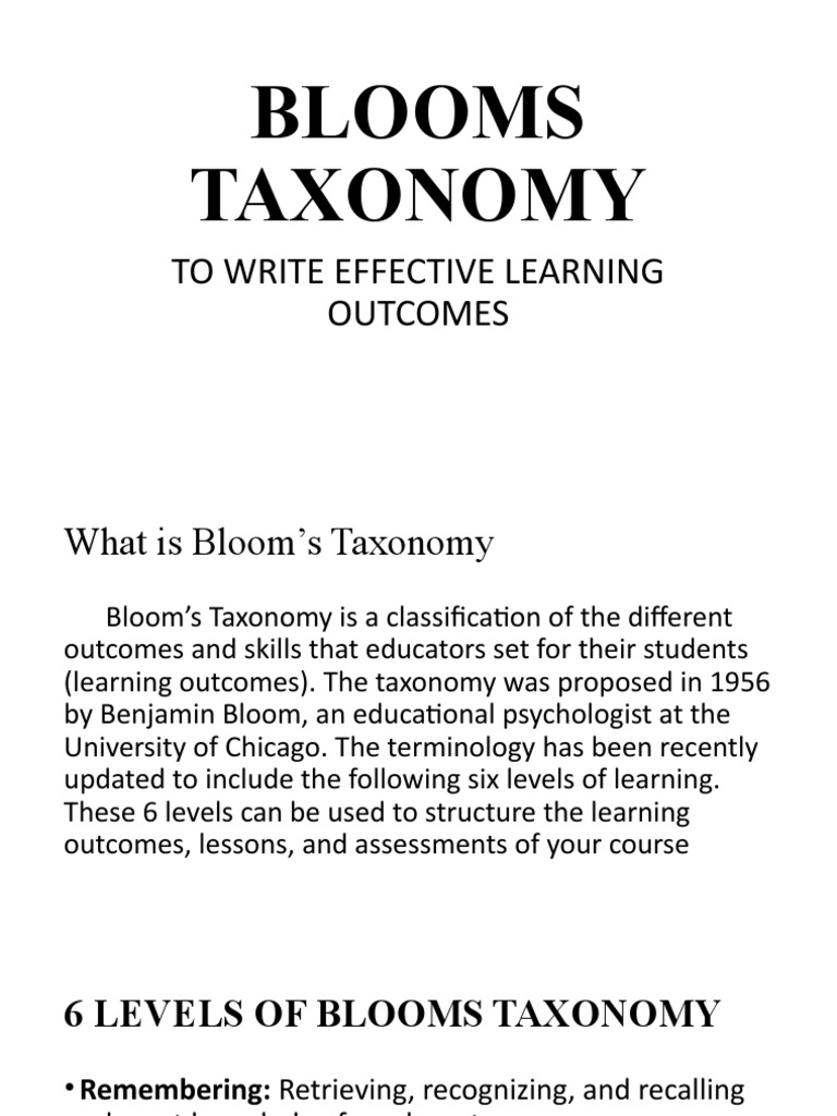 Bloom's Taxonomy for Learning Outcomes | PDF